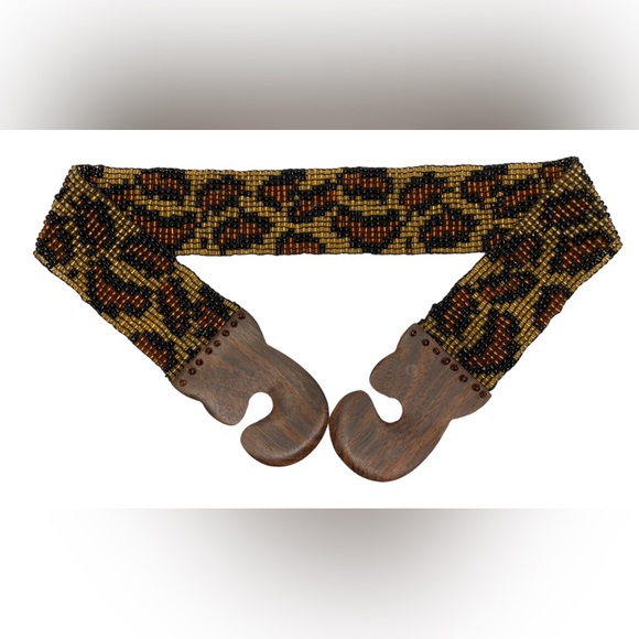 ABOUT COLOR Vintage Leopard Animal Print Wide Beaded Belt Wood Clasp Buckle, S/M - Picture 10 of 11
